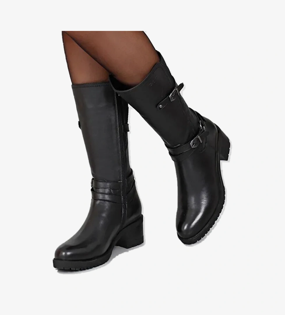 Hakiki Deri Yuvarlak Burun Kauçuk Taban Topuklu Fermuarlı Tokalı Kadın Günlük Çizme 44560 - Görsel 1