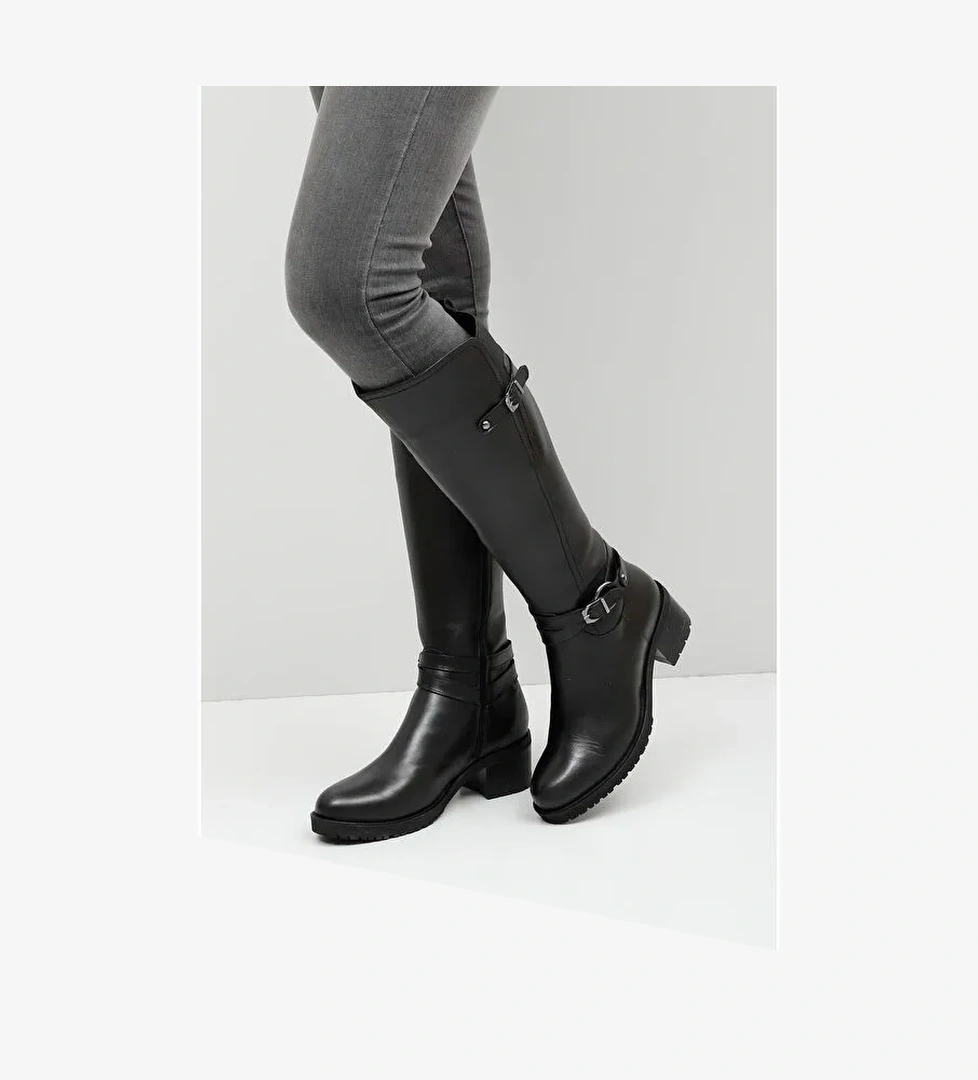 Hakiki Deri Yuvarlak Burun Kauçuk Taban Topuklu Fermuarlı Tokalı Kadın Günlük Çizme 44562 - Görsel 1