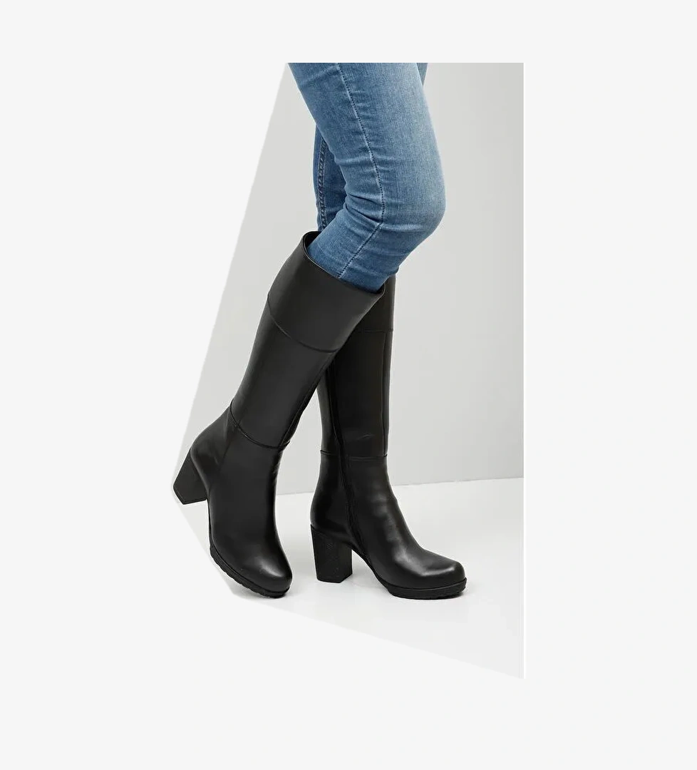 Hakiki Deri Yuvarlak Burun Kauçuk Taban Topuklu Fermuarlı Kadın Günlük Çizme 44602 - Görsel 1