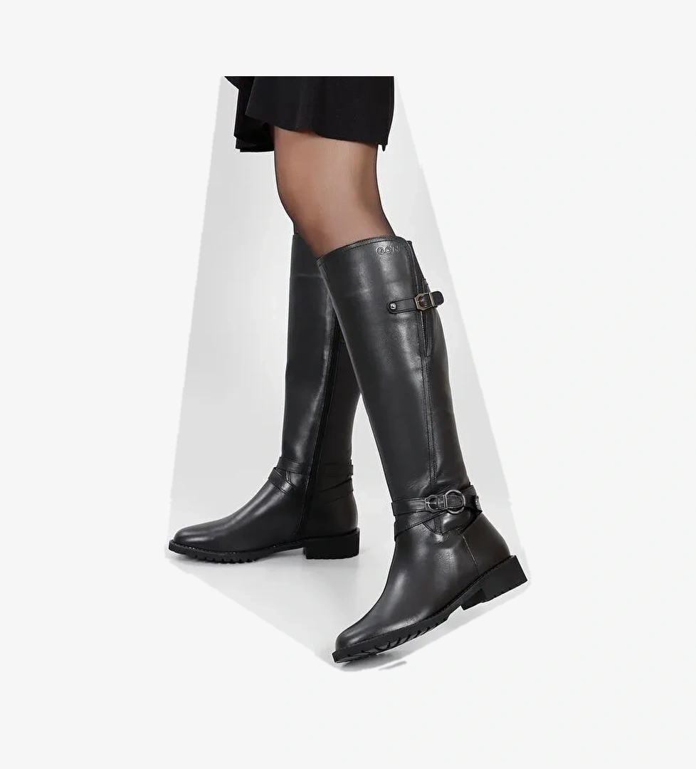 Hakiki Deri Yuvarlak Burun Kauçuk Taban Topuklu Tokalı Kadın Günlük Çizme 63564 - Görsel 1