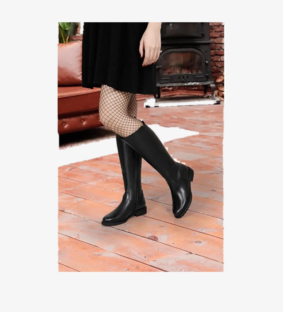 Hakiki Deri Yuvarlak Burun Kauçuk Taban Topuklu Fermuarlı Kadın Günlük Çizme 44551 - Görsel 1