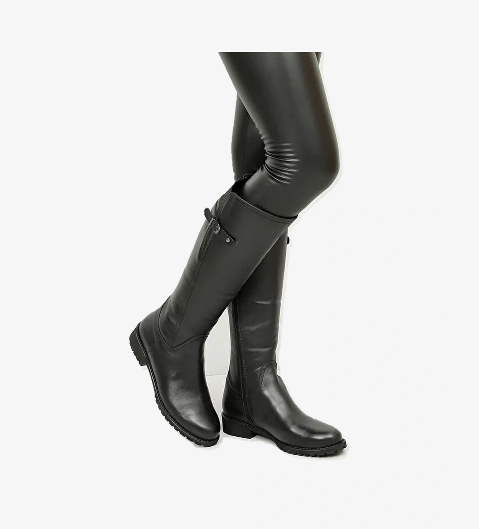 Hakiki Deri Yuvarlak Burun Kauçuk Taban Topuklu Fermuarlı Tokalı Kadın Günlük Çizme 44549 - Görsel 1