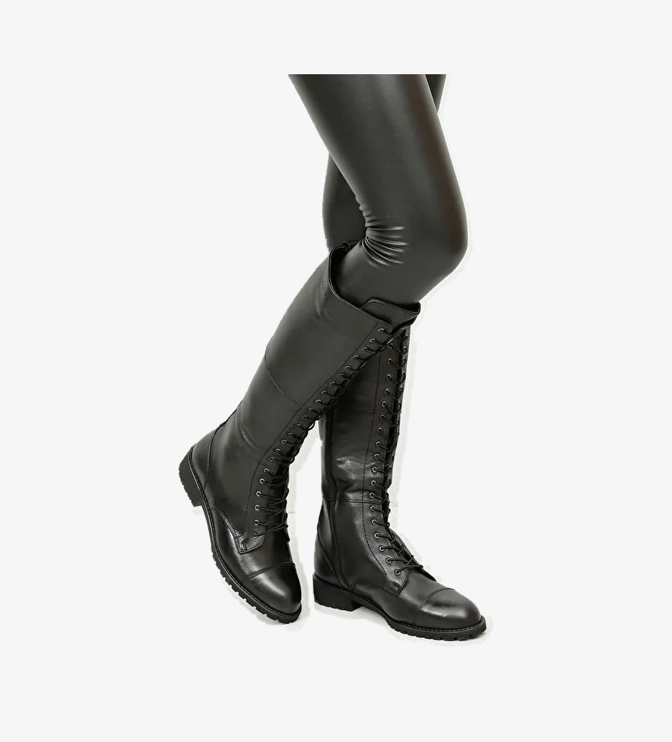 Hakiki Deri Yuvarlak Burun Kauçuk Taban Topuklu Bağcıklı Kadın Günlük Çizme 64601 - Görsel 1