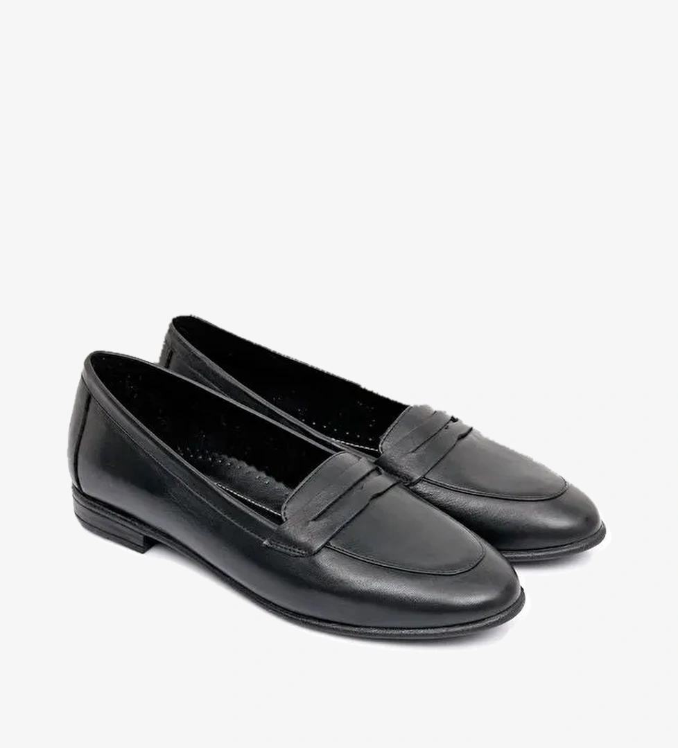 Hakiki Deri Yuvarlak Burun Düz Taban Loafer Kadın Babet 24161 - Görsel 1