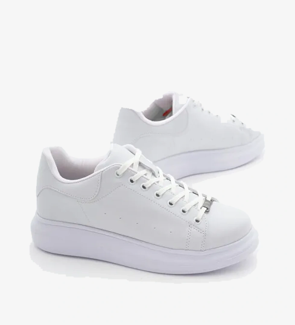 Unisex Beyaz Rahat Kalıp Yüksek Taban Bağcıklı Spor Ayakkabı