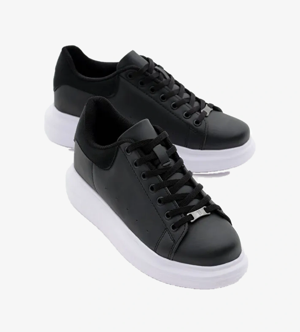 Unisex Siyah Beyaz Rahat Kalıp Yüksek Taban Bağcıklı Spor Ayakkabı