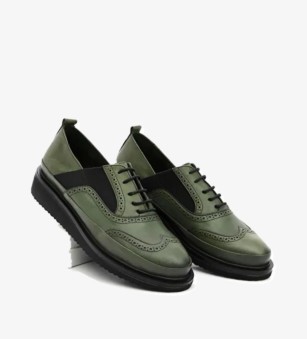 Hakiki Deri Yuvarlak Burun Dolgu Taban Bağcıklı Lastikli Kadın Ayakkabı 24084 - Görsel 1