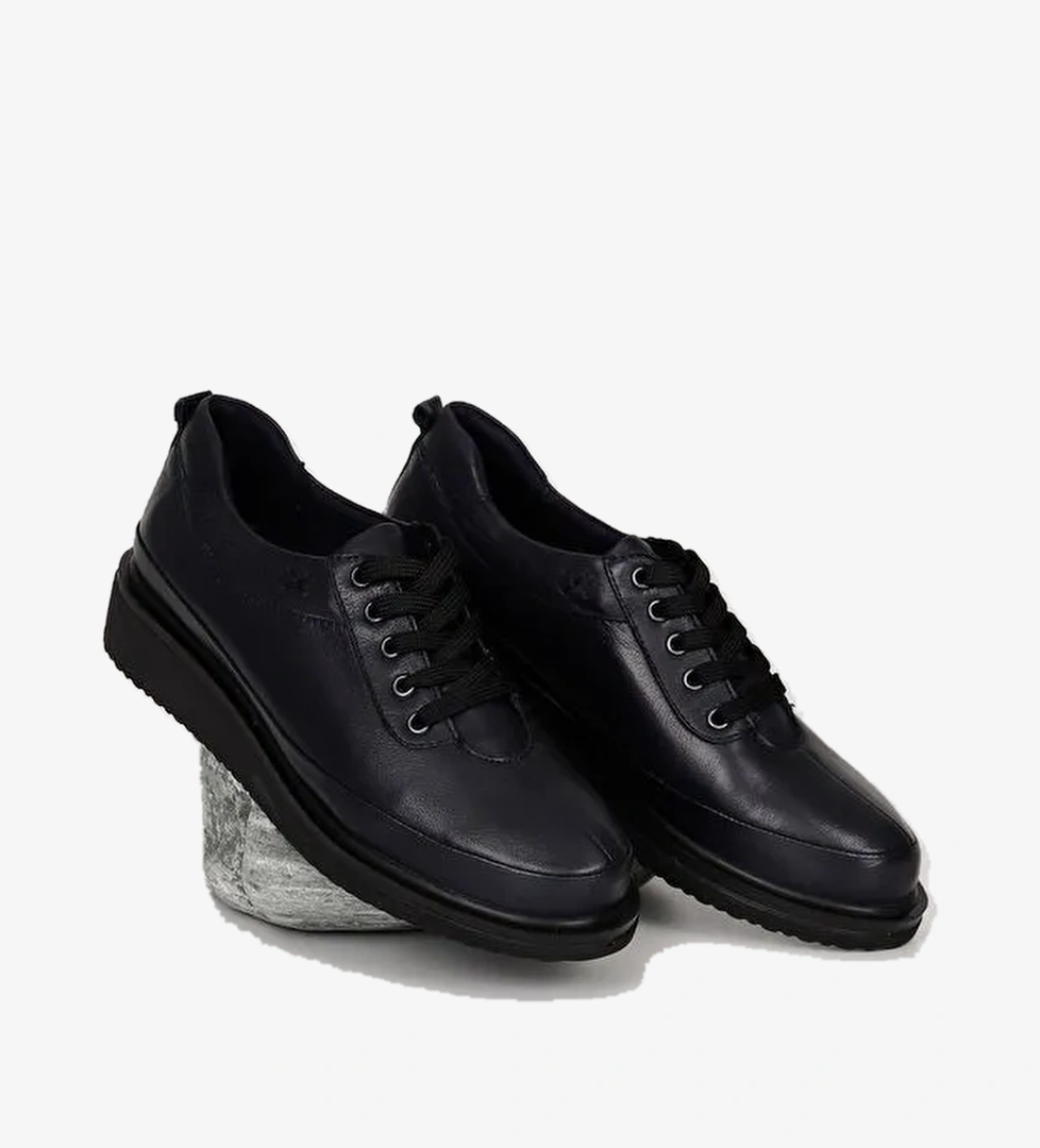 Hakiki Deri Yuvarlak Burun Dolgu Taban Bağcıklı Kadın Günlük Ayakkabı 24132 - Görsel 1