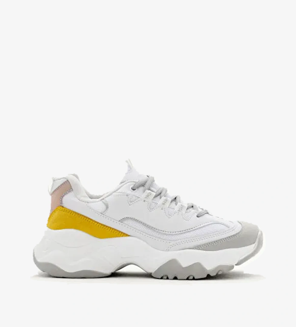 Kadın Beyaz Sarı Rahat Kalıp Yüksek Taban Bağcıklı Spor Ayakkabı