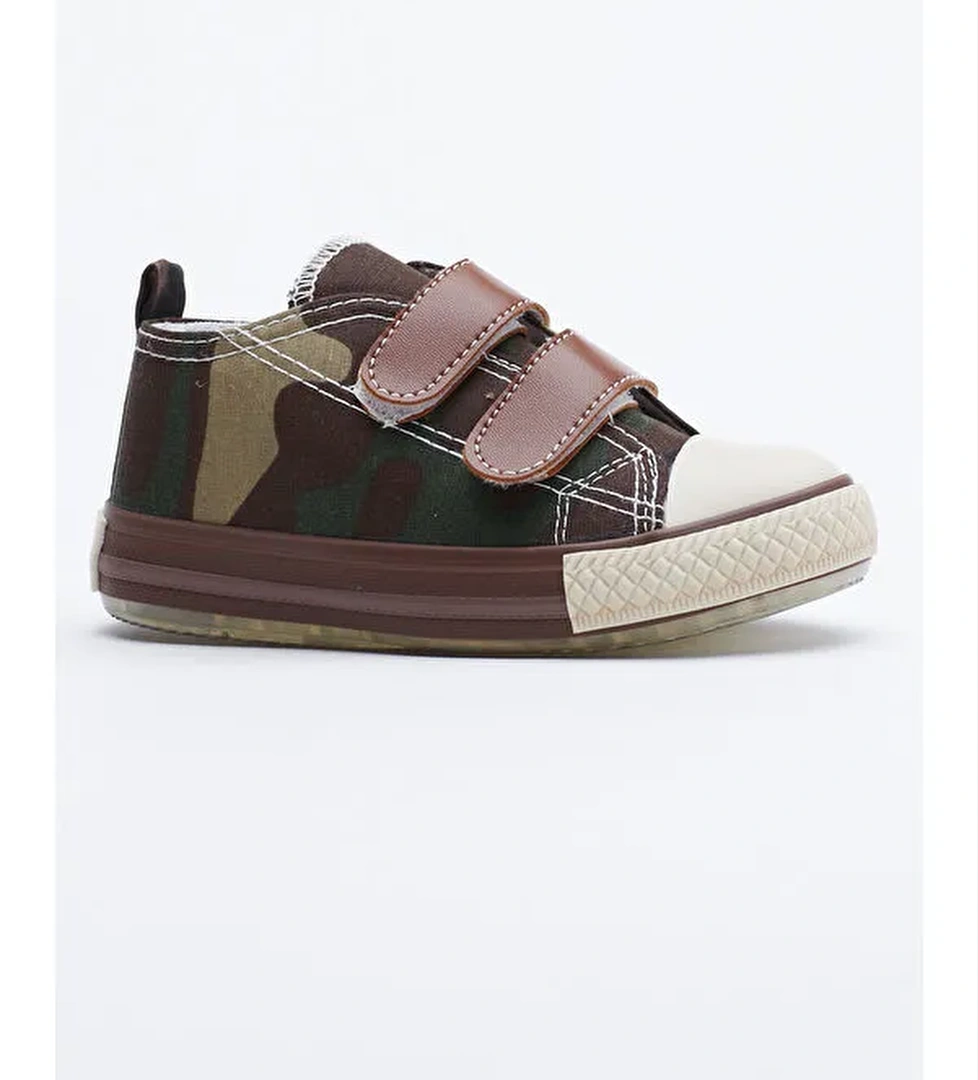 Çocuk Unisex Haki Kamuflaj Rahat Kalıp Işıklı Cırtlı Spor Ayakkabı