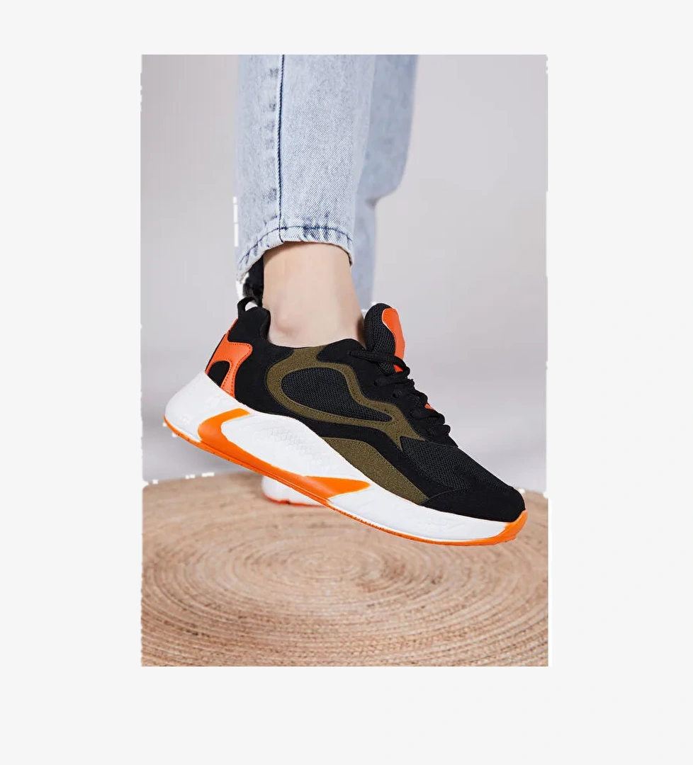 Unisex Siyah Turuncu Rahat Kalıp Yüksek Taban Bağcıklı Spor Ayakkabı