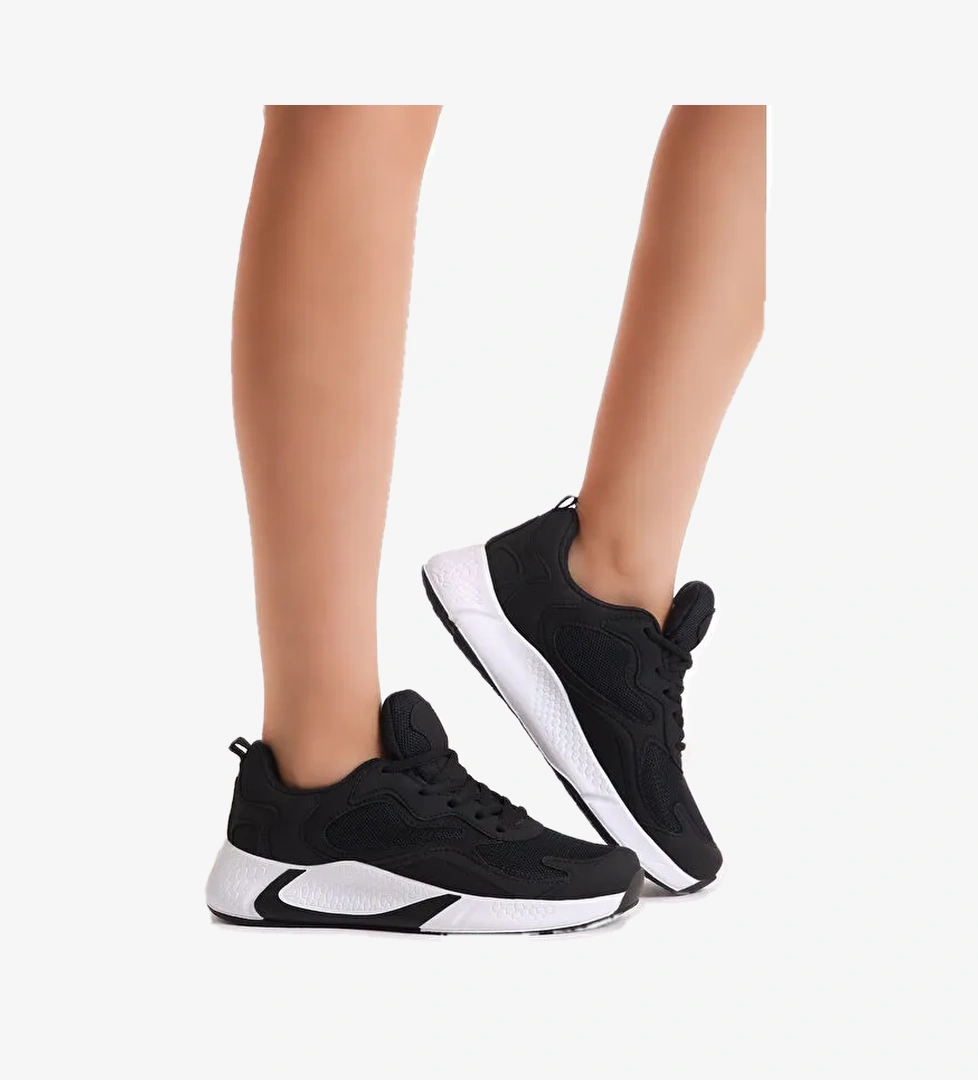 Unisex Siyah Beyaz Rahat Kalıp Yüksek Taban Bağcıklı Spor Ayakkabı