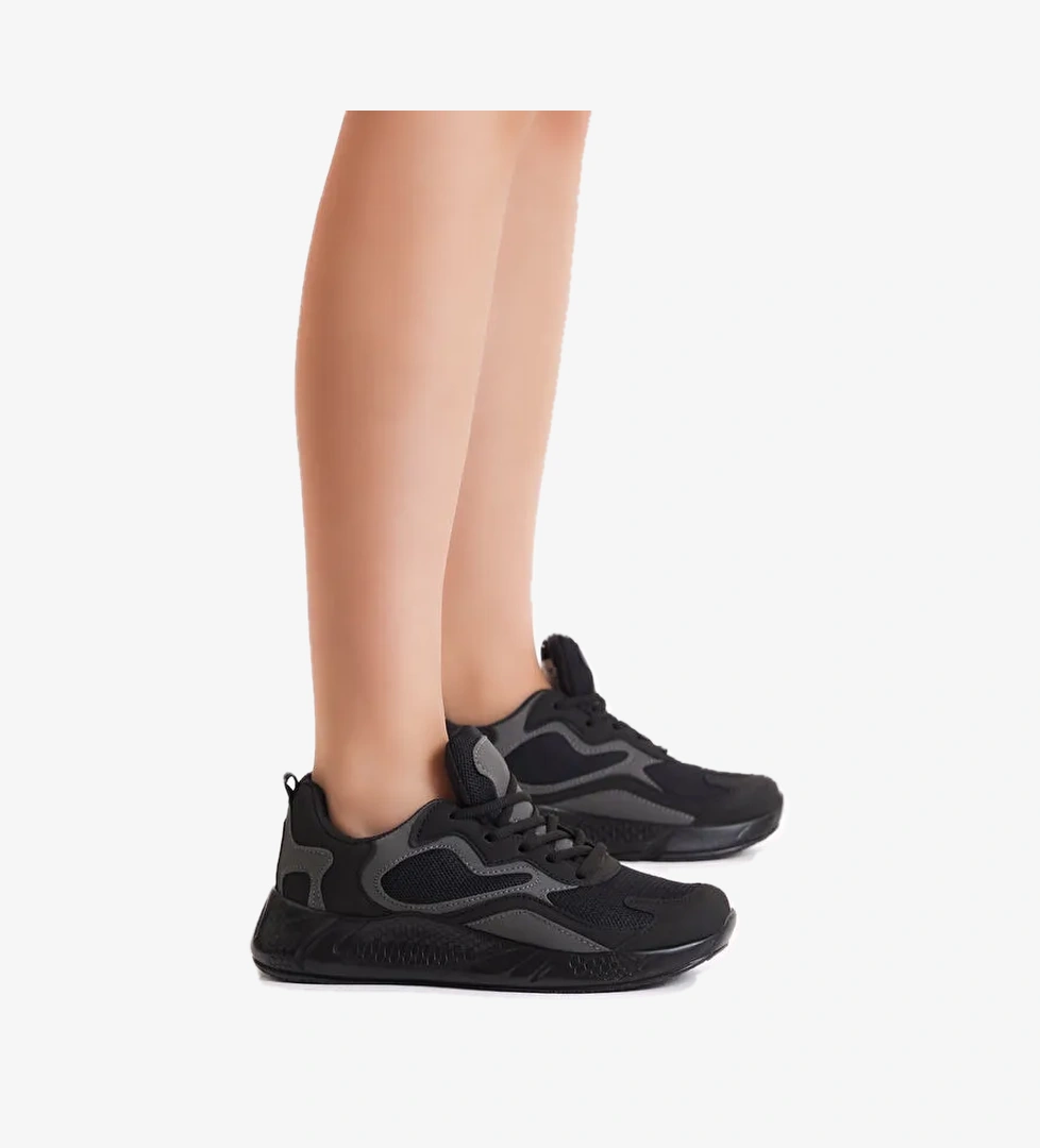 Unisex Siyah Rahat Kalıp Yüksek Taban Bağcıklı Spor Ayakkabı