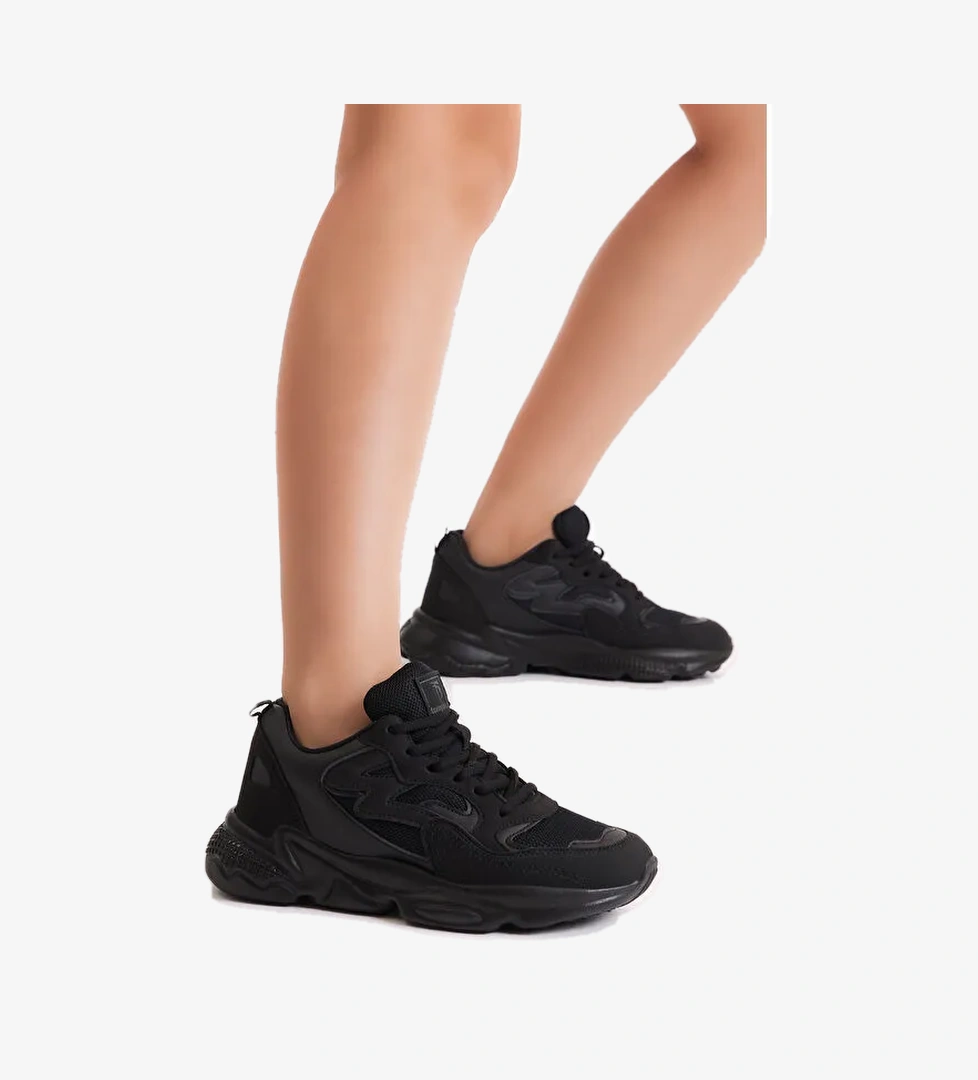 Unisex Siyah Rahat Kalıp Yüksek Taban Bağcıklı Spor Ayakkabı