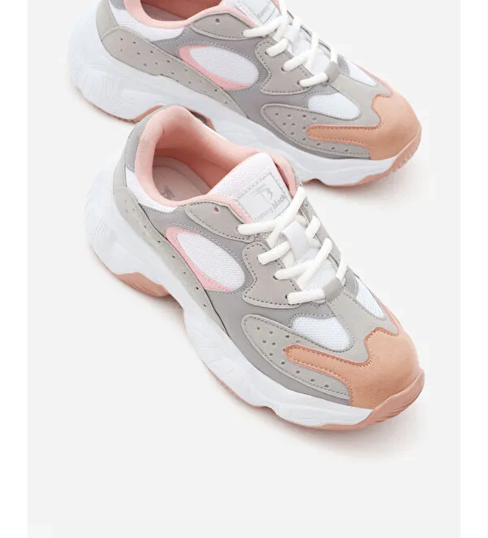Kadın Buz Pudra Rahat Kalıp Yüksek Taban Bağcıklı Spor Ayakkabı