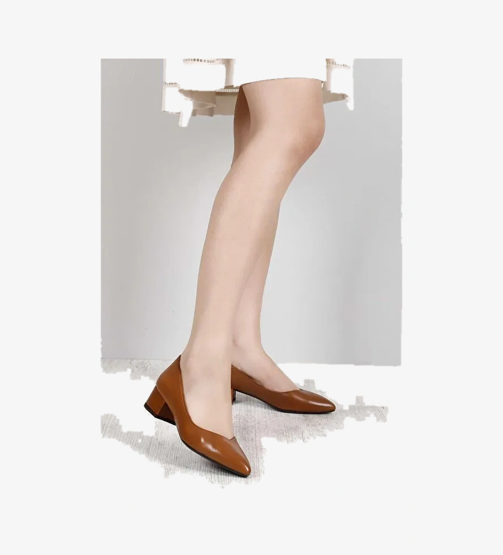 Hakiki Deri Sivri Burun Kısa Kalın Topuklu Kadın Ayakkabı 25172 - Görsel 1