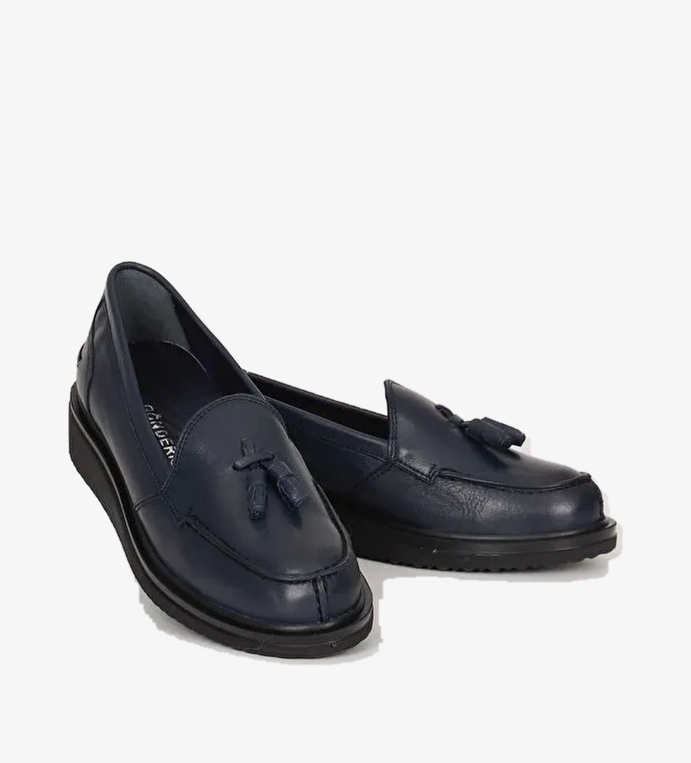 Hakiki Deri Yuvarlak Burun Dolgu Taban Püsküllü Kadın Günlük Loafer Ayakkabı 24097 - Görsel 1