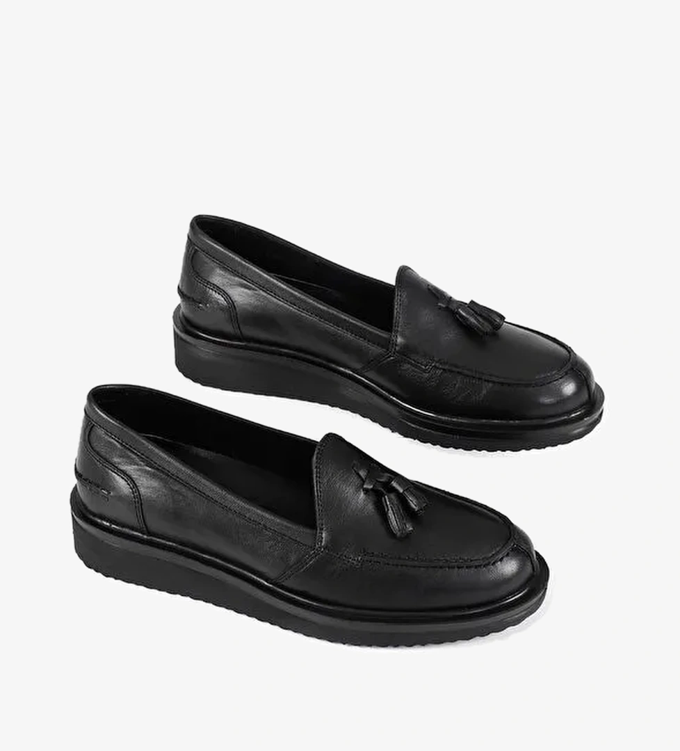 Hakiki Deri Yuvarlak Burun Dolgu Taban Püsküllü Kadın Günlük Loafer Ayakkabı 24097 - Görsel 1