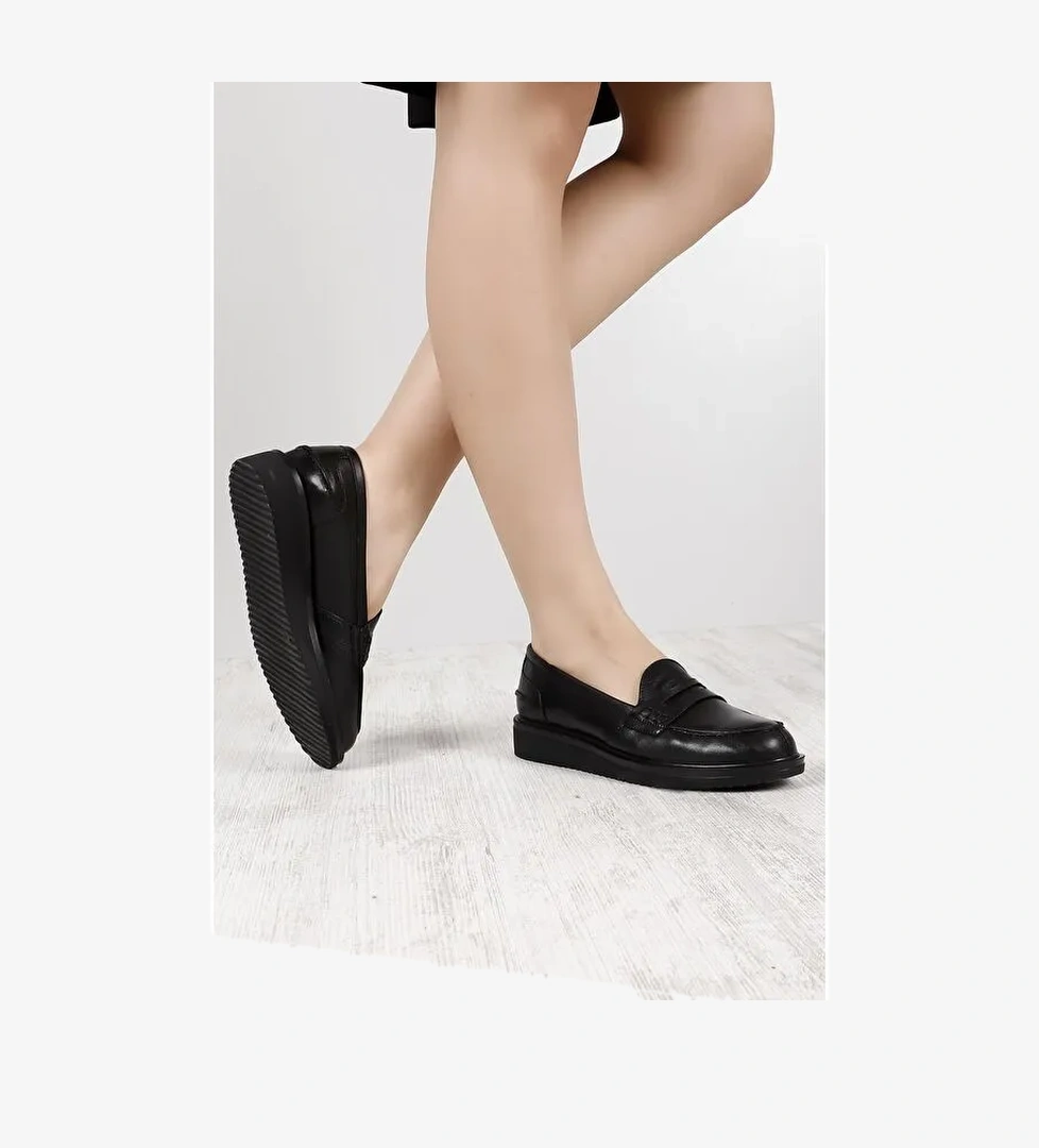 Hakiki Deri Yuvarlak Burun Dolgu Taban Loafer Kadın Günlük Ayakkabı 24092 - Görsel 1