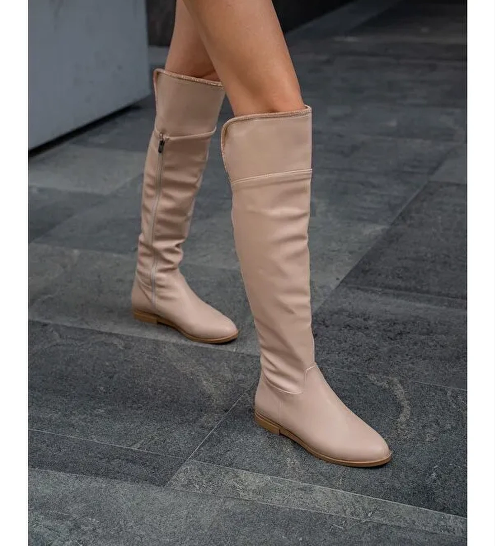 Vizon Kadın Taş Detaylı Uzun Deri Kadın Çizme - Görsel 1