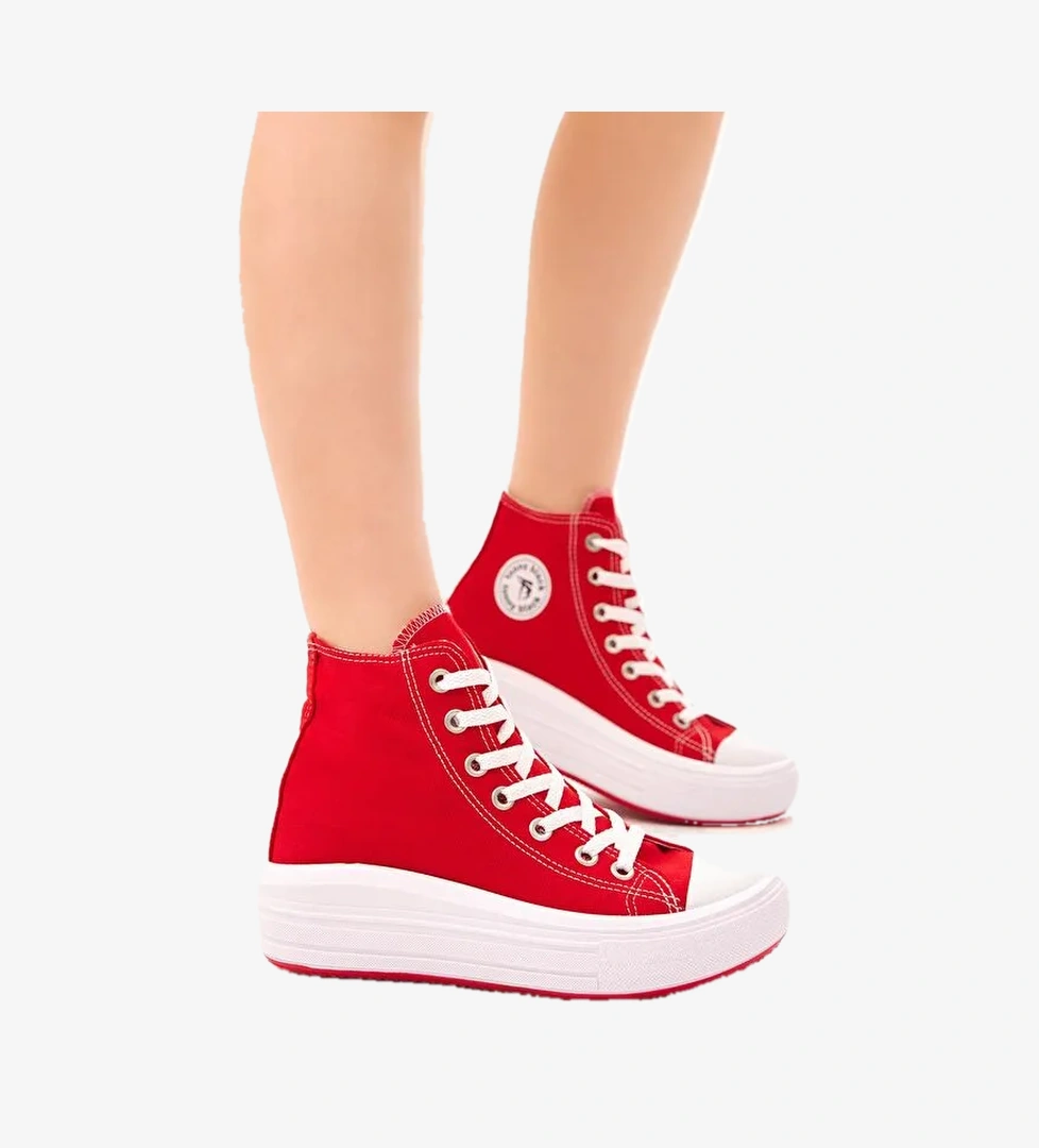 Kadın Kırmızı Rahat Kalıp Kalın Tabanlı Uzun Spor Ayakkabı