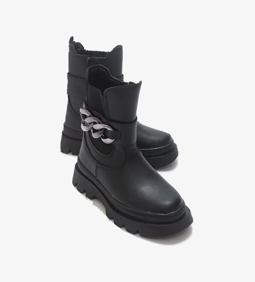 Kız Çocuk Siyah Suni Deri Anatomik Günlük Bot