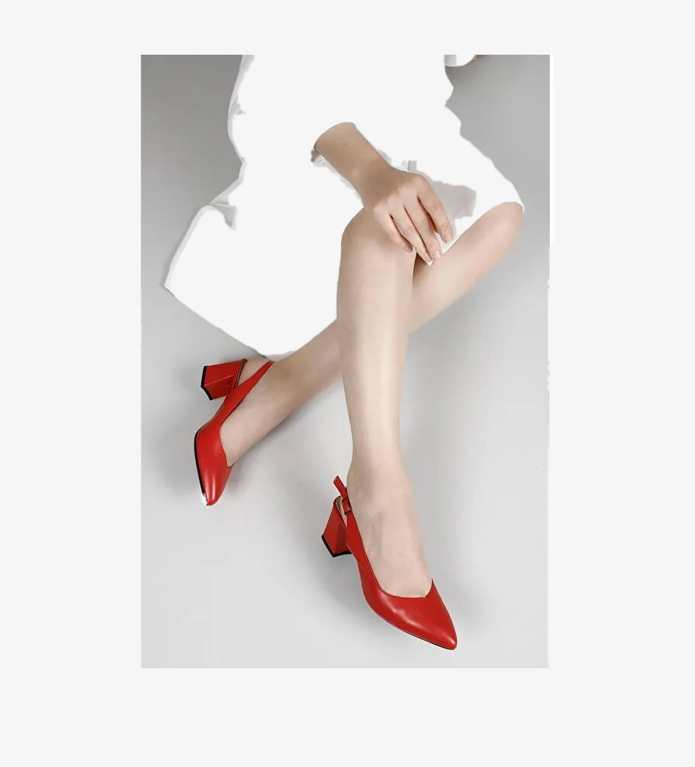 KIRMIZI Hakiki Deri Sivri Burun Orta Kalın Topuklu Arkası Açık Kadın Yazlık Ayakkabı 24118