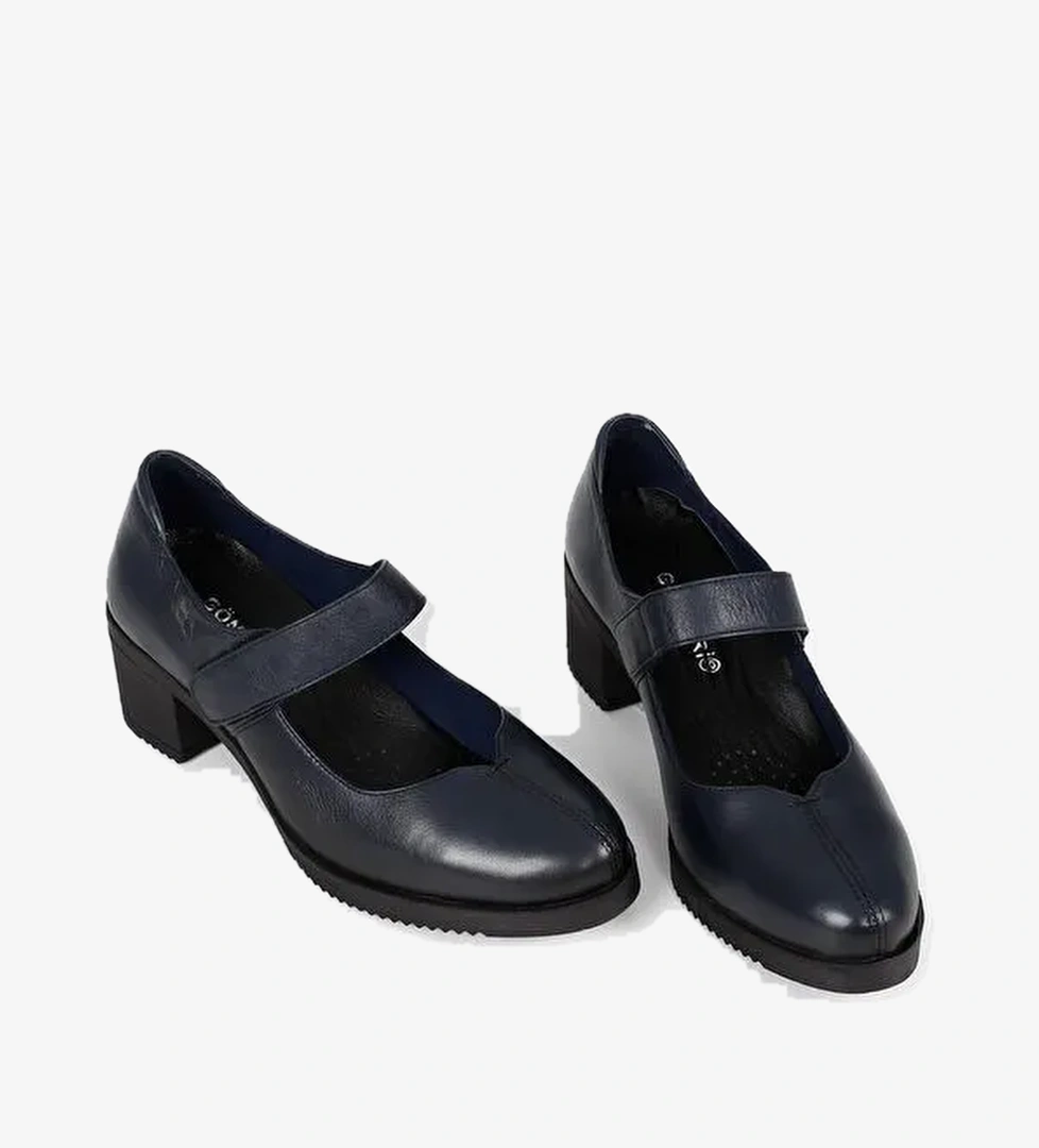 LACİVERT Hakiki Deri Yuvarlak Burun Orta Topuklu Kadın Ayakkabı 24229