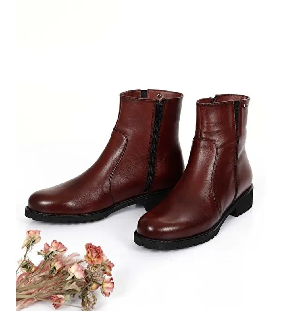 Bordo Hakiki Deri Yuvarlak Burun Topuklu Kauçuk Taban Fermuarlı Kadın Günlük Bot 47408