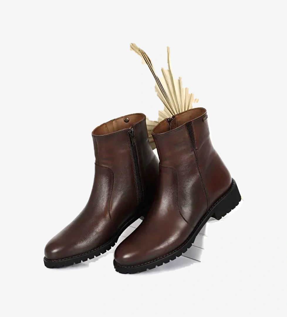 Kahverengi Hakiki Deri Yuvarlak Burun Topuklu Kauçuk Taban Fermuarlı Kadın Günlük Bot 47408