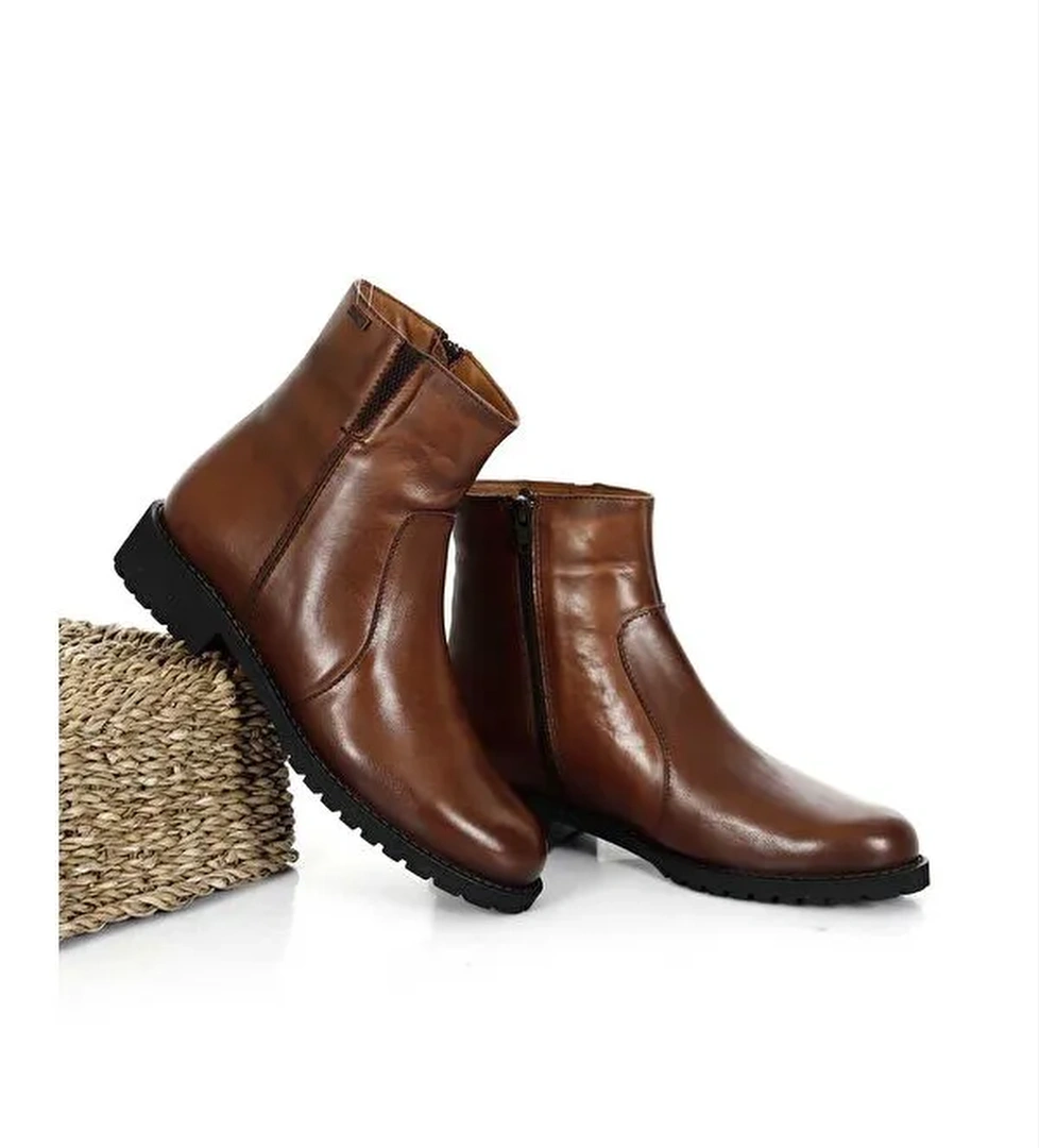 Gonderi(r) Kahverengi Gonderi(r) Hakiki Deri Yuvarlak Burun Topuklu Kauçuk Taban Fermuarlı Kadın Günlük Bot 47408