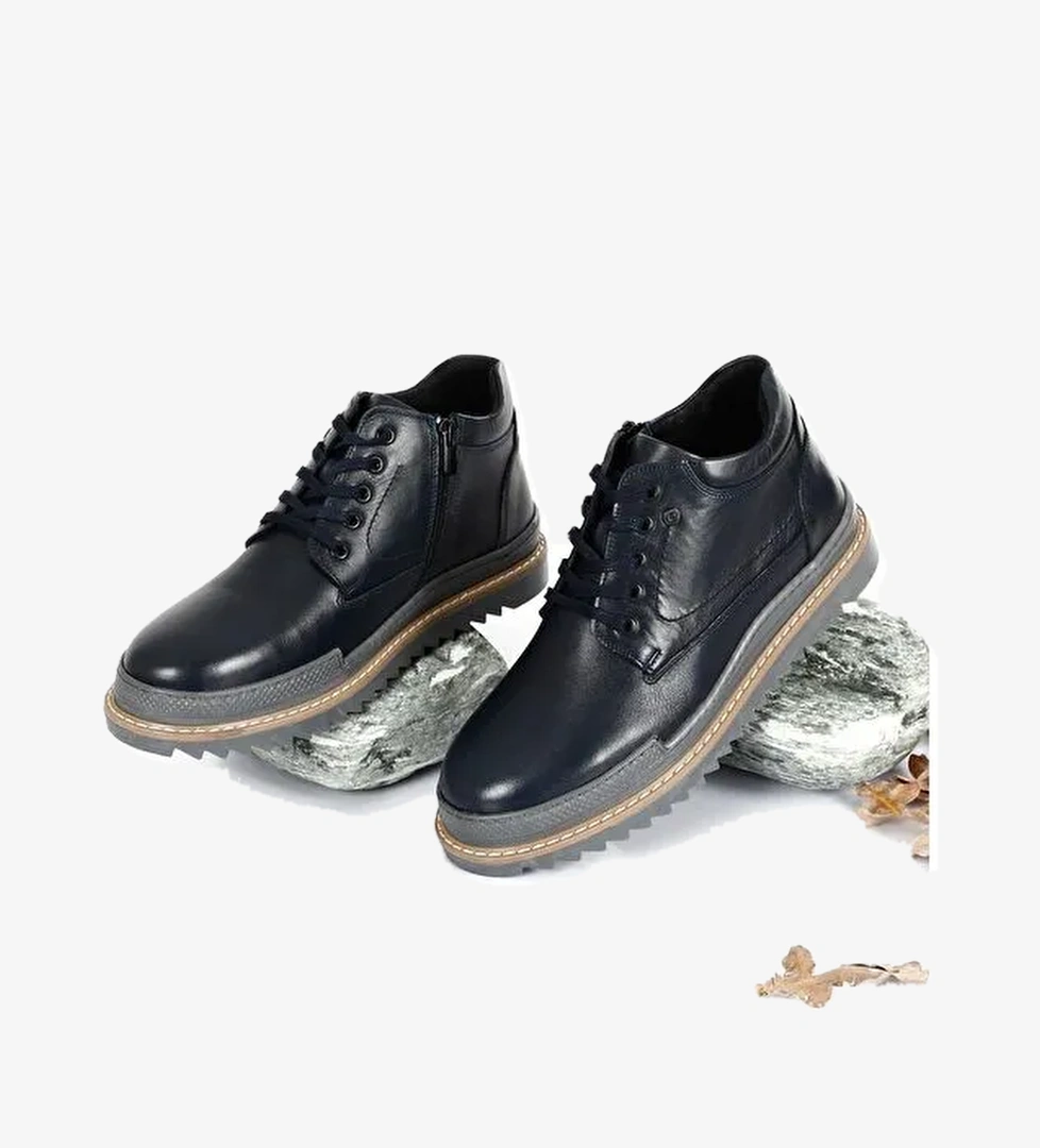 LACİVERT Hakiki Deri Yuvarlak Burun Termo Taban Bağcıklı Fermuarlı Günlük Erkek Bot 05203