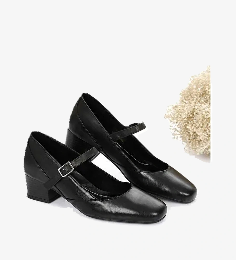 SİYAH Hakiki Deri Küt Burun Kısa Kalın Topuklu Kadın Ayakkabı 24220 - Görsel 1