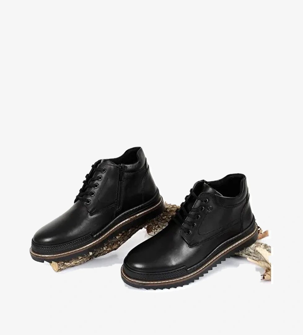 SİYAH Hakiki Deri Yuvarlak Burun Termo Taban Bağcıklı Fermuarlı Günlük Erkek Bot 05203 - Görsel 1