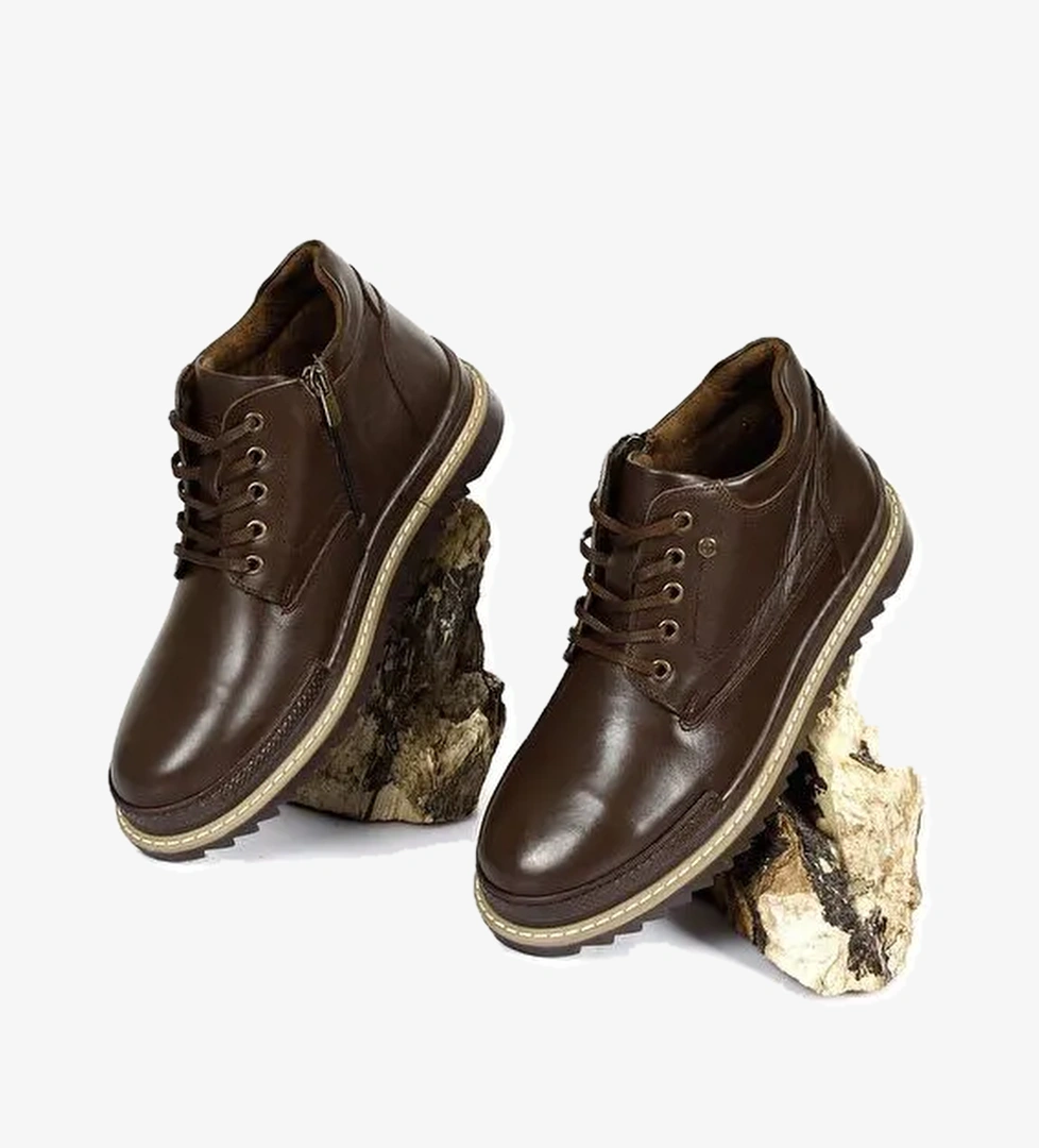 KAHVERENGİ Hakiki Deri Yuvarlak Burun Termo Taban Bağcıklı Fermuarlı Günlük Erkek Bot 05203