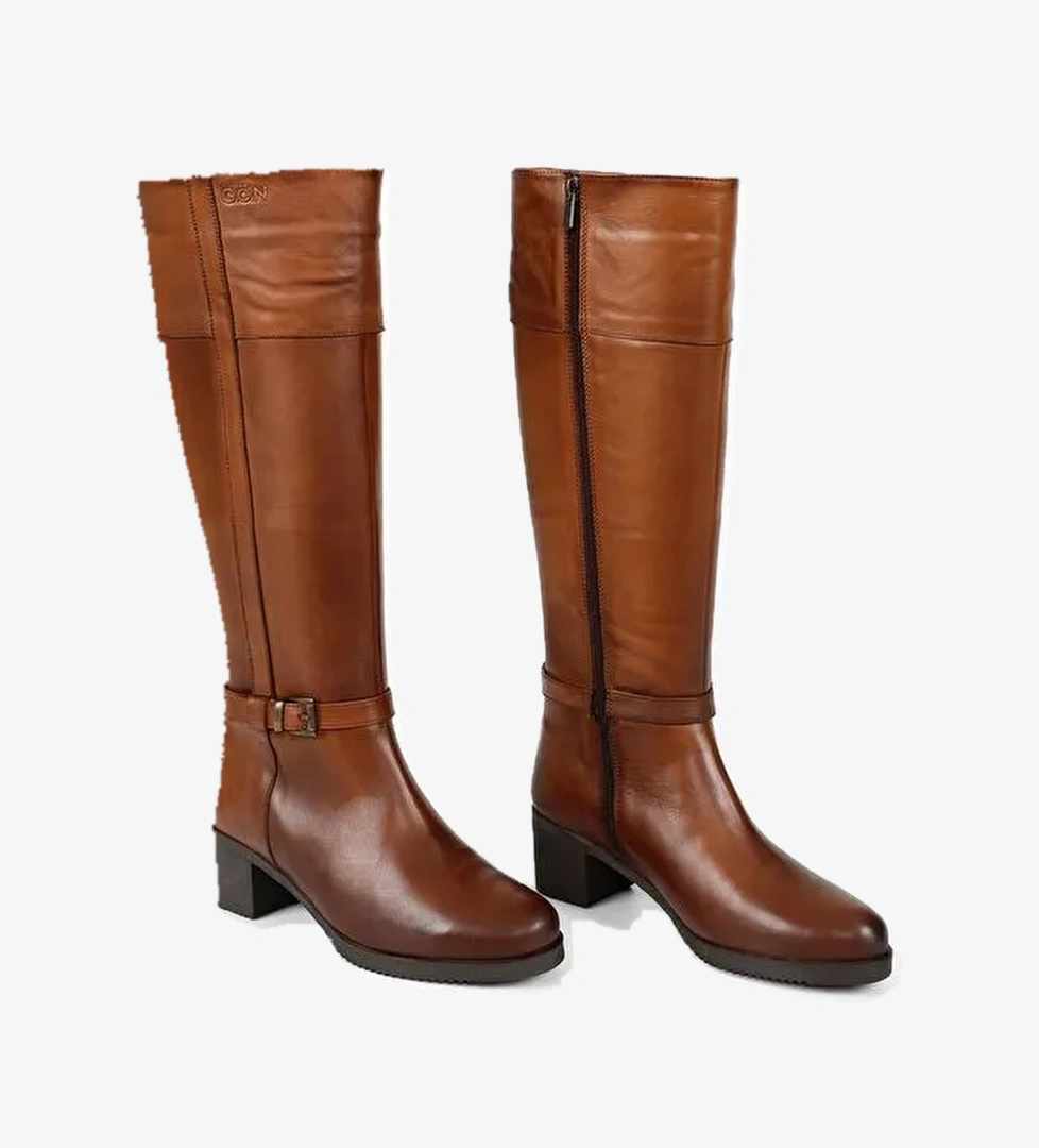 Gonderi(r) Kahverengi Gonderi(r) Hakiki Deri Topuklu Fermuarlı Kadın Çizme