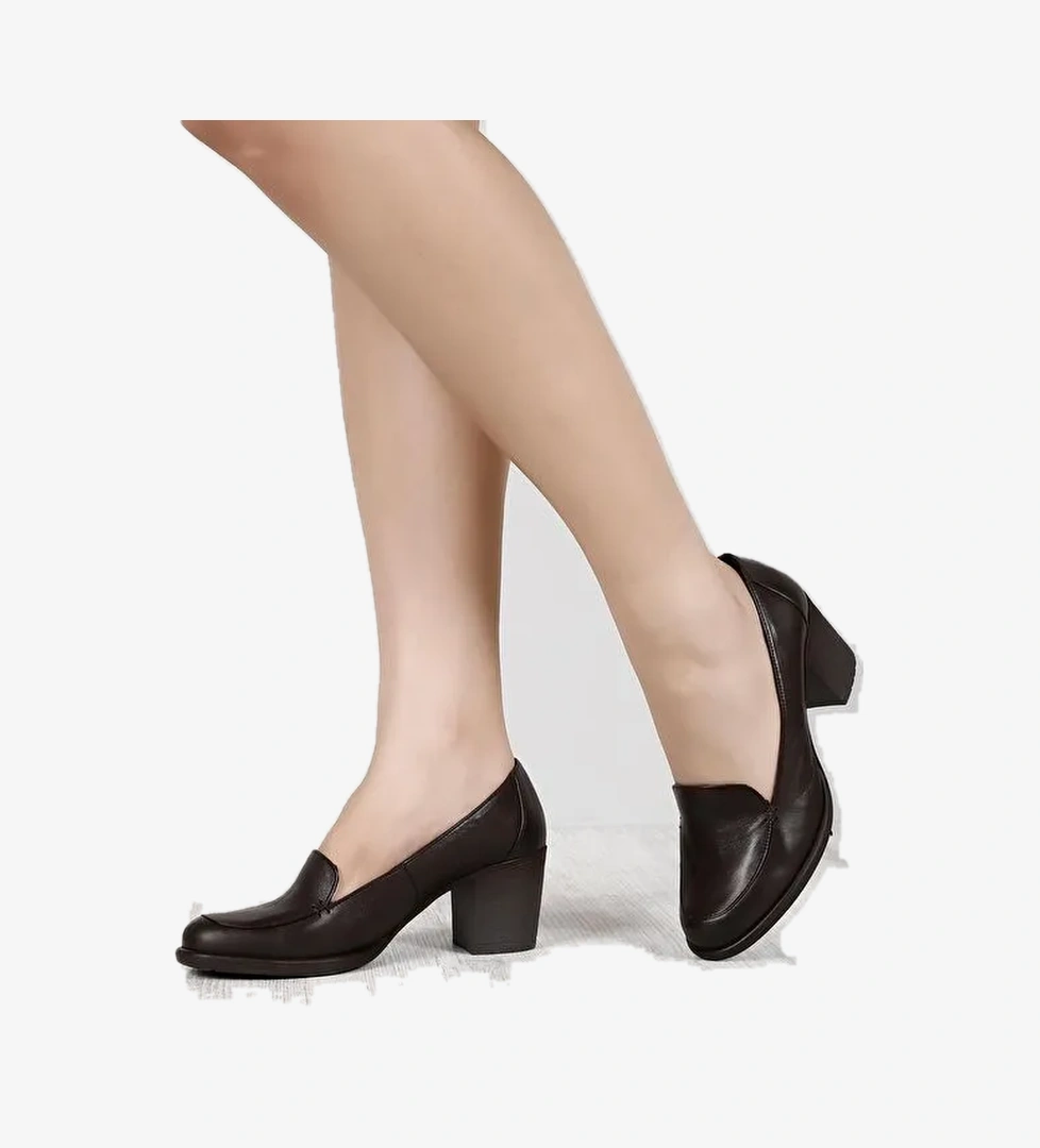 KAHVERENGİ Hakiki Deri Yuvarlak Burun Kalın Orta Topuklu Kauçuk Taban Kadın Loafer Ayakkabı 24070