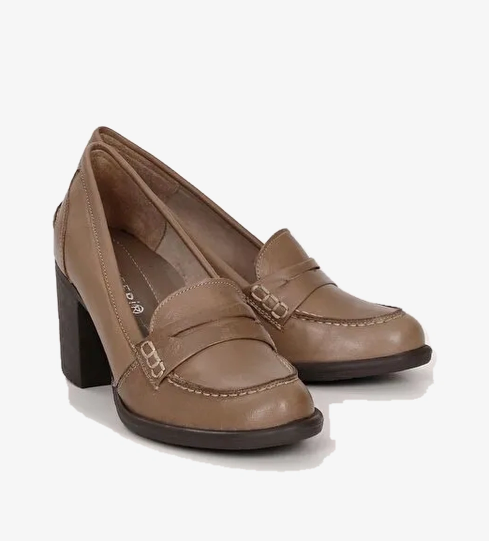 VİZON Hakiki Deri Yuvarlak Burun Kalın Topuklu Kauçuk Taban Loafer Kadın Ayakkabı 24072 - Görsel 1
