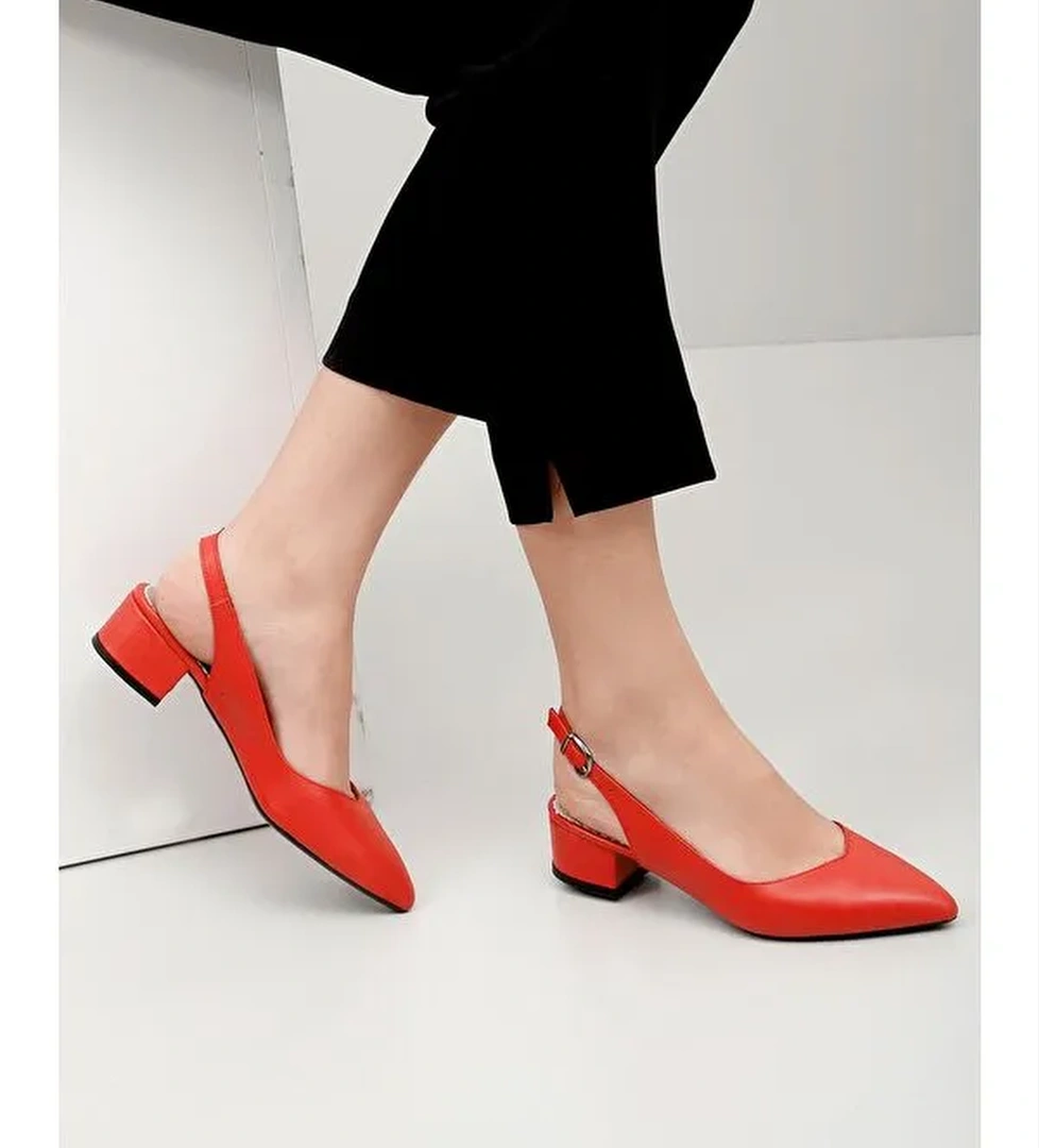 KIRMIZI Hakiki Deri Sivri Burun Kısa Kalın Topuklu Arkası Açık Kadın Yazlık Ayakkabı 24173 - Görsel 1