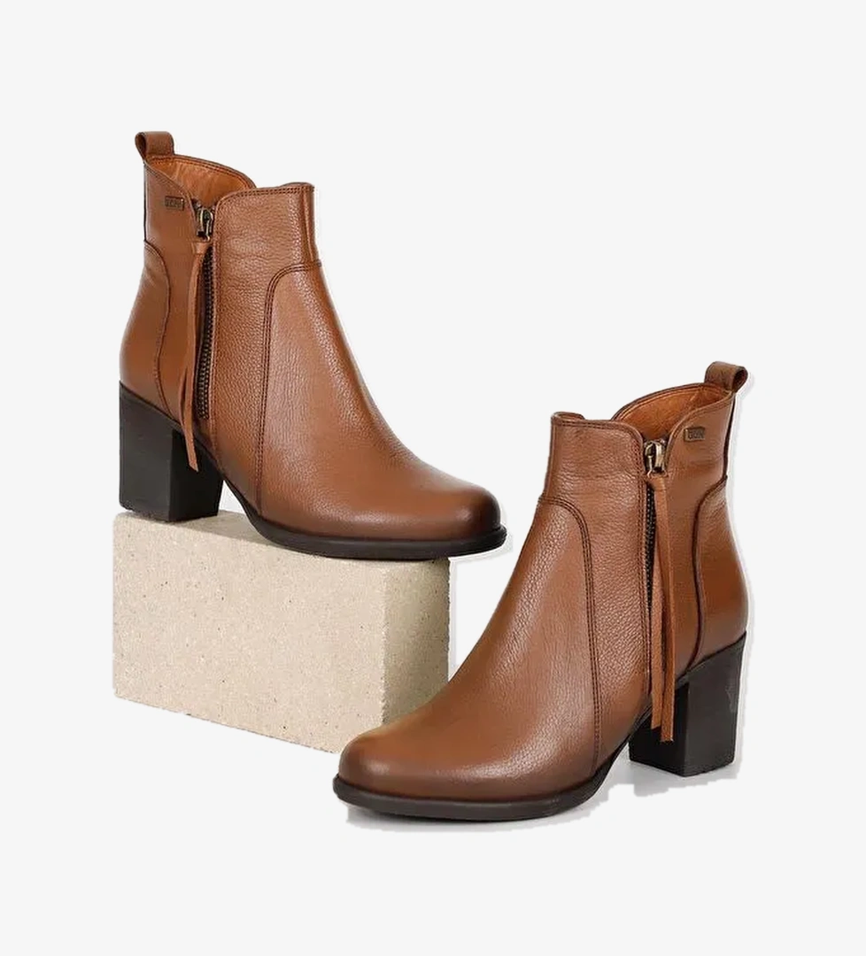 TABA Hakiki Deri Yuvarlak Burun Topuklu Kauçuk Taban Fermuarlı Püsküllü Kadın Günlük Bot 10406