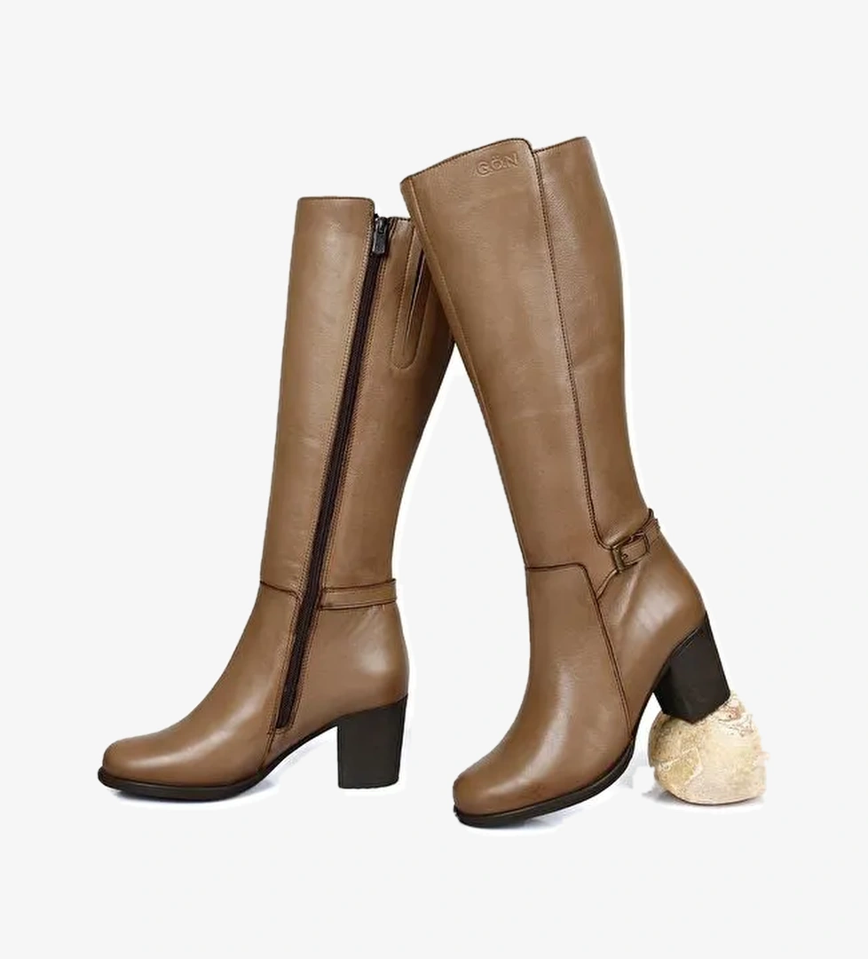 VİZON Hakiki Deri Yuvarlak Burun Kauçuk Taban Topuklu Fermuarlı Tokalı Kadın Günlük Çizme 46501