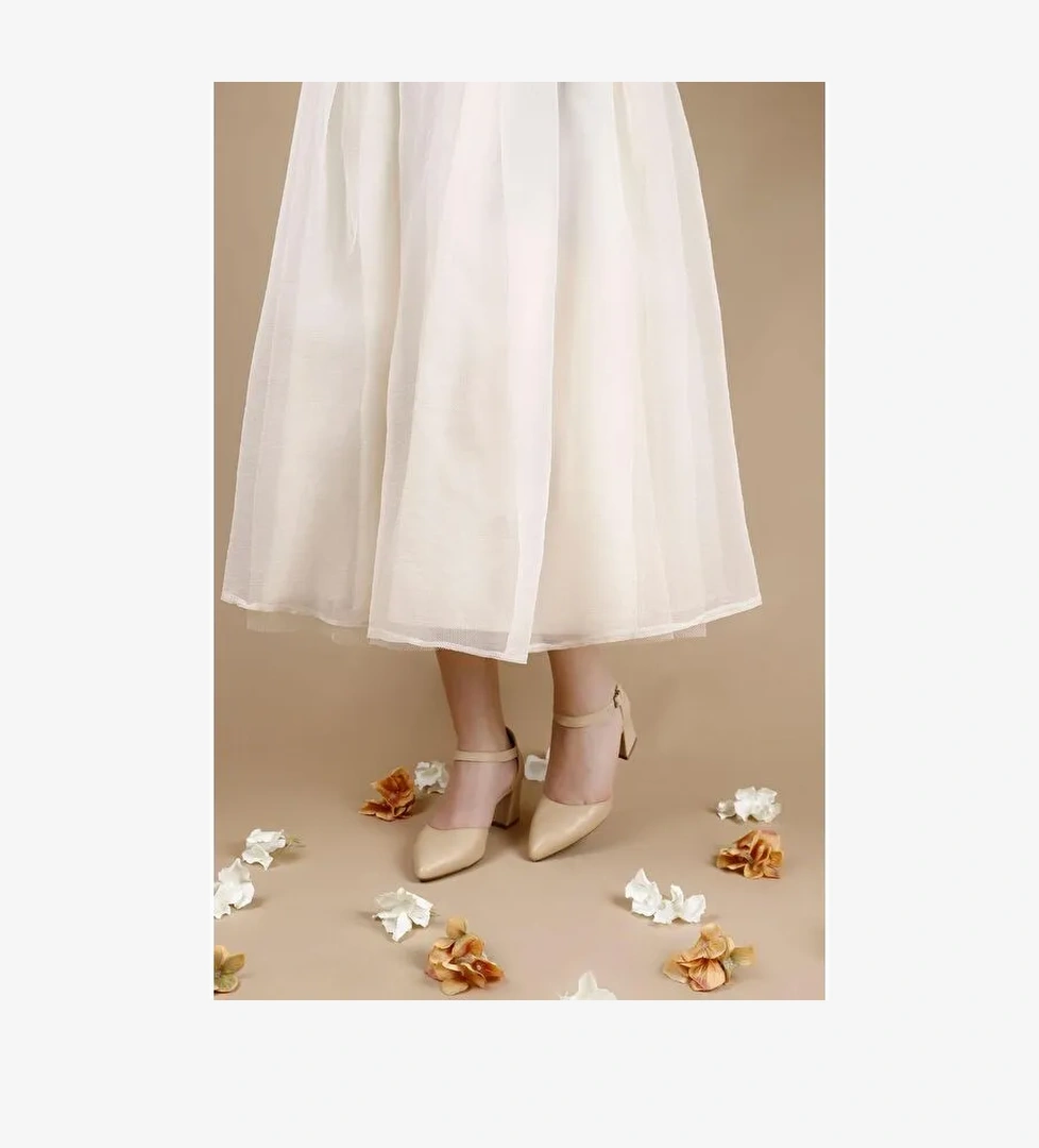 NUDE Hakiki Deri Sivri Burun Bilek Bağlı Orta Kalın Topuklu Kadın Ayakkabı 24121 - Görsel 1