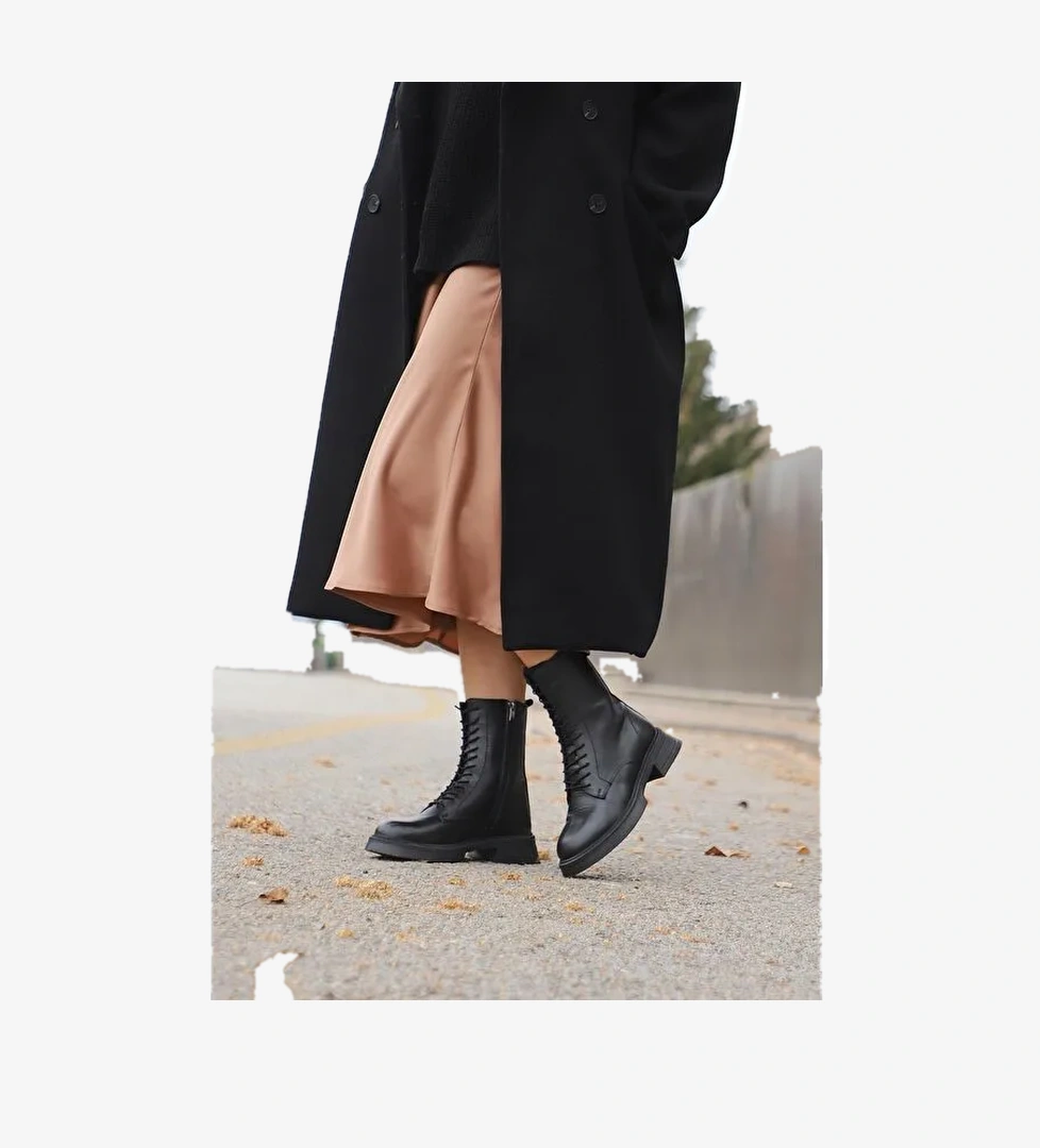 SİYAH Hakiki Deri Yuvarlak Burun Termo Taban Bağcıklı Fermuarlı Kadın Günlük Postal Bot 51455