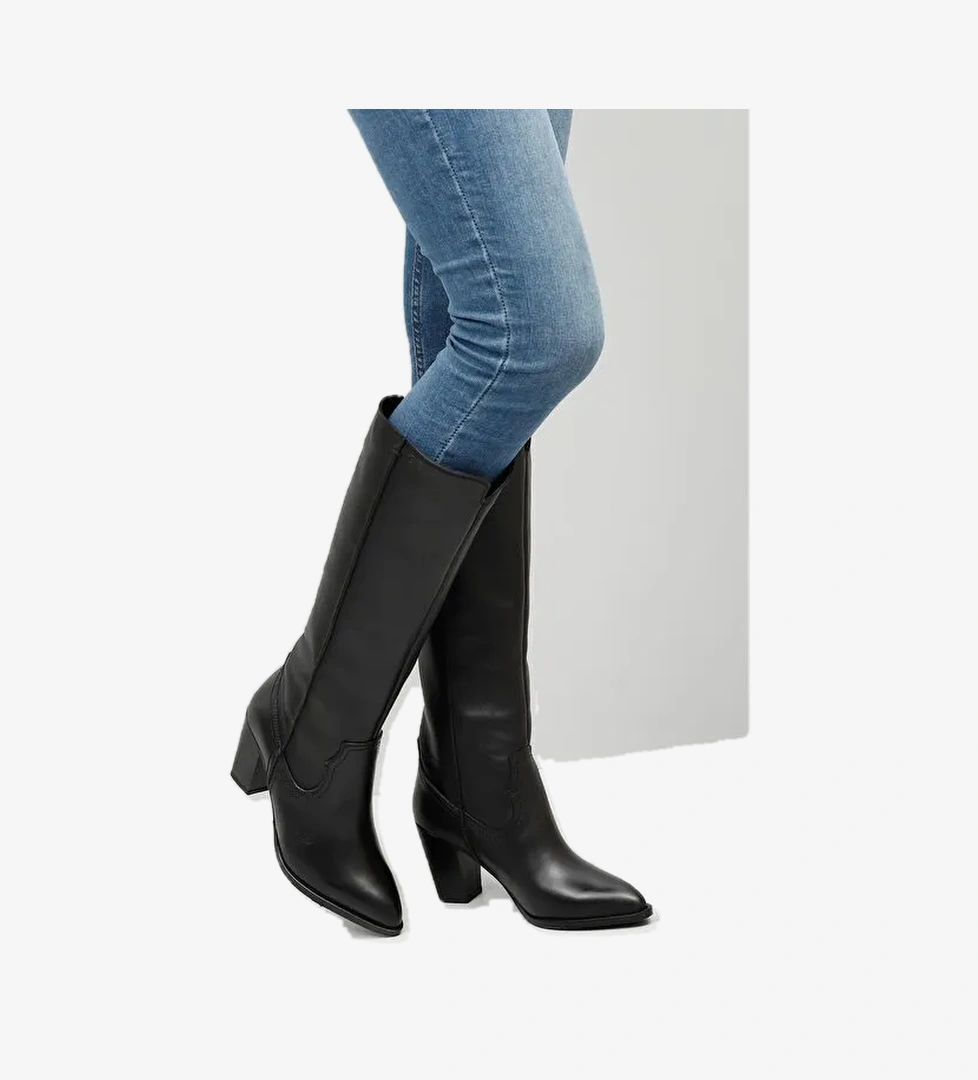 SİYAH Hakiki Deri Yuvarlak Burun Topuklu Kadın Günlük Çizme 46521 - Görsel 1