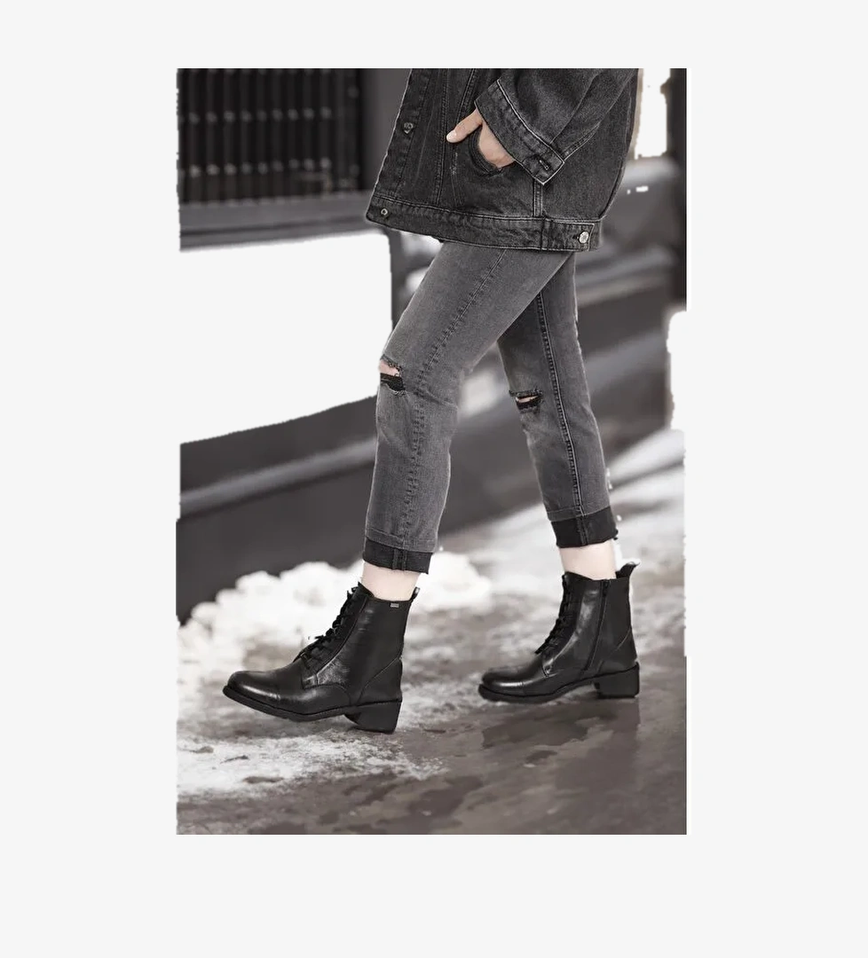 SİYAH Hakiki Deri Yuvarlak Burun Kauçuk Taban Topuklu Fermuarlı Bağcıklı Kadın Günlük Postal Bot 51 - Görsel 1