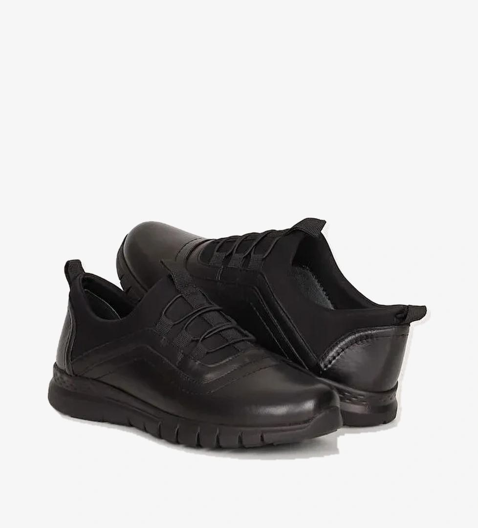 SİYAH Hakiki Deri Yuvarlak Burun Dolgu Taban Kadın Günlük Ayakkabı 42911 - Görsel 1