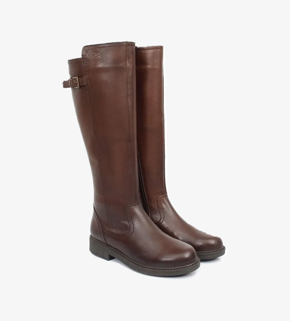 KAHVERENGİ Hakiki Deri Yuvarlak Burun Kauçuk Taban Topuklu Fermuarlı Tokalı Kadın Günlük Çizme 4457