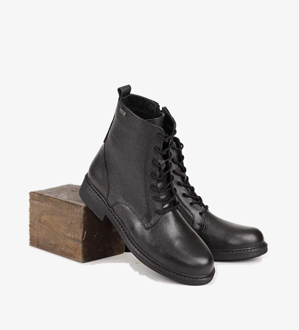 SİYAH Hakiki Deri Yuvarlak Burun Kauçuk Taban Topuklu Fermuarlı Bağcıklı Kadın Günlük Postal Bot 42