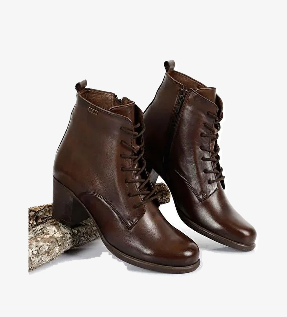 KAHVERENGİ Hakiki Deri Yuvarlak Burun Topuklu Kauçuk Taban Fermuarlı Bağcıklı Kadın Günlük Bot 1040