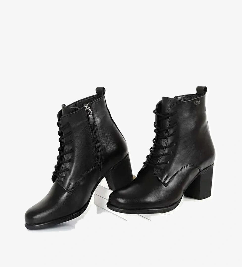 SİYAH Hakiki Deri Yuvarlak Burun Topuklu Kauçuk Taban Fermuarlı Bağcıklı Kadın Günlük Bot 10407 - Görsel 1